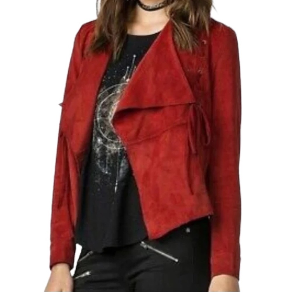 Miss Me Burnt Orange Faux Suede Drapey Collared Short Open Front Western Jacket